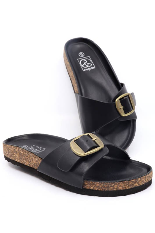 Footbed slide sandal with buckle ornament