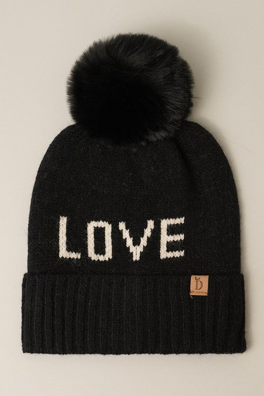 LOVE Ribbed Cuff Knit Beanie Hat w Pom Pom