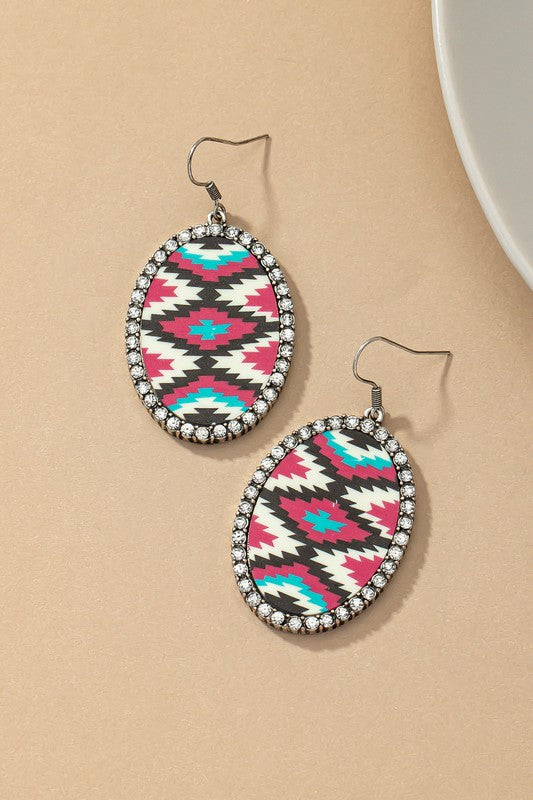 Aztec oval drop earrings with rhinestones