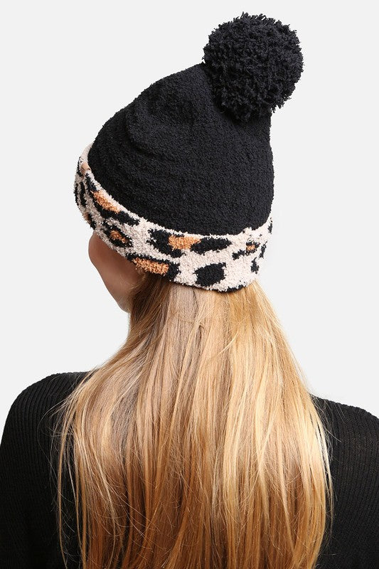 Luxury Soft Beanie Hat w Leopard Print Cuff