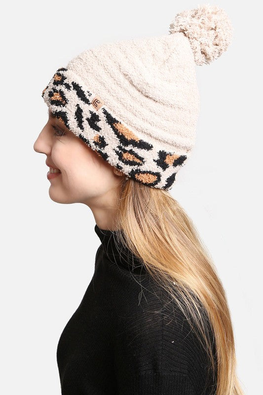 Luxury Soft Beanie Hat w Leopard Print Cuff