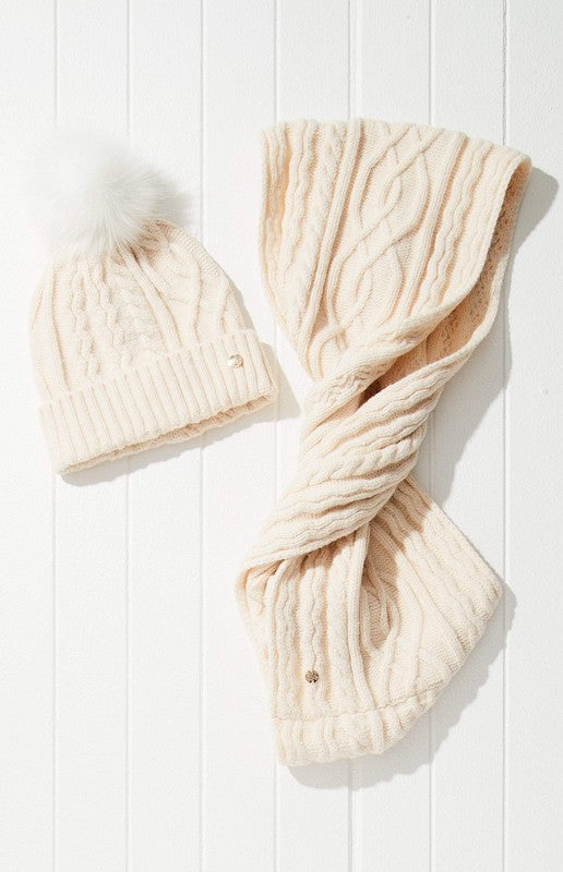 Aran Cable Knit Pom Beanie Hat Vegan Fur