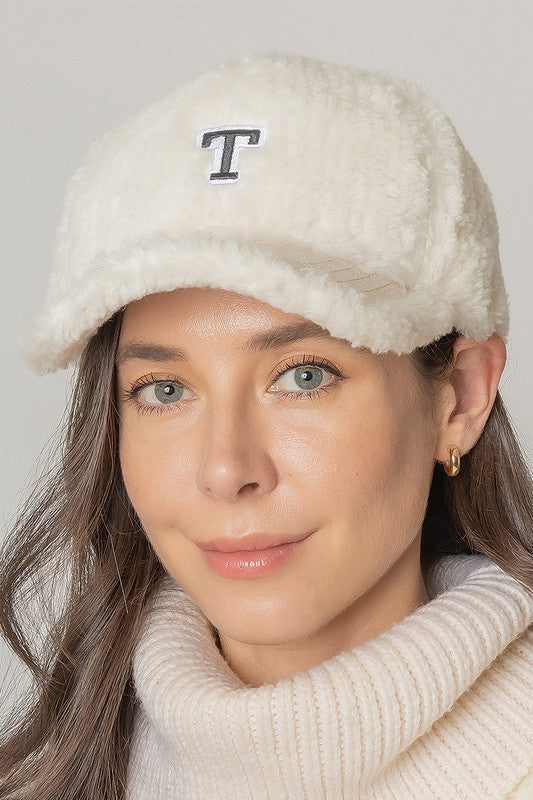 Letter T Chenille Patched Sherpa Baseball Cap